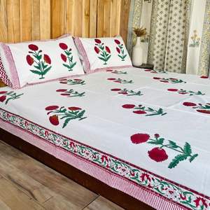 Juego de Sábanas con Estampado Artesanal Sanganeri de la India, Sábanas con Funda de Almohada - Product Image 1