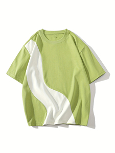 Camiseta Oversize para Hombre con Bloques de Color, Manga Corta, Cuello Redondo, Casual, Tejido Sólido, 100% Algodón, Ribete en Contraste Verde y Blanco - Product Image 3