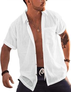 OEM Wholesale High-Quality 100% French Linen Men's Rolled Up Short Sleeve <b>Button</b> Up <b>Shirts</b> Linen Cotton Beach <b>Shirt</b> Tops - Product Image 1