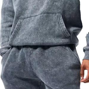 Heavyweight Printed Acid Wash <b>Tracksuit</b> Set Distressed Embroidery 100% Cotton Sweatshirt Sunfaded Hooded Sweatpants for Winter - Product Image 4