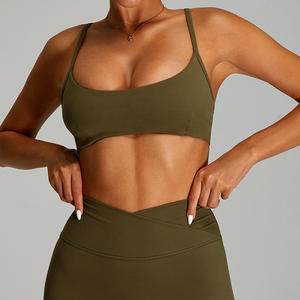Women's Olive Green Seamless Sports Bra Scoop Neck Spaghetti Strap Medium Support Yoga Workout Activewear <b>Top</b> - Product Image 1