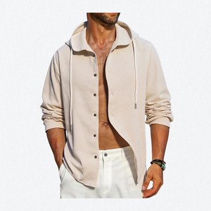 Camisa con Capucha para Hombre, Cierre de Botones, Corte Regular, Color Sólido, Transpirable, de Algodón, Informal, para Verano - Product Image 1