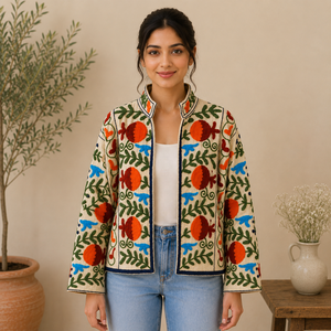 Chaqueta de Algodón Acolchada Bordada a Mano para Mujer, Estilo Bohemio Floral, Manga Larga, Informal, Vintage, Ligera, para Otoño e Invierno - Product Image 4