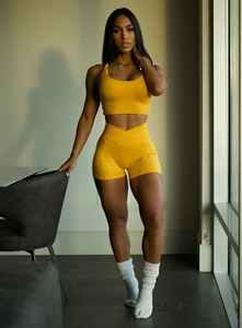 Women's <b>Yellow</b> 2 Piece Sports Set <b>Crop</b> <b>Top</b> High Waist Shorts Solid Color Spandex Knitted Breathable Sporty Spring Summer - Product Image 2