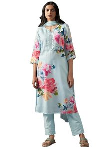 Women's Floral Printed <b>Linen</b> Kurta Pant with Matching Dupatta - Product Image 1