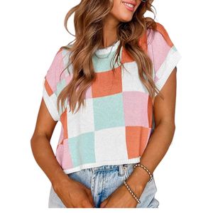 Womens Cap Sleeve Crop <b>Tops</b> Summer Color Block Going Out Crew Neck Knit Trendy Casual Sweater - Product Image 3
