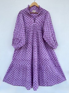 Vestido Maxi Morado Floral de Manga Larga para Mujer, Holgado, Ligero, de Verano, de Algodón Puro, con Fruncido, para Uso Diario - Product Image 1