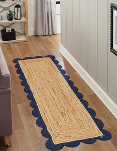 Navy Blue Scalloped Border Natural Jute <b>Runner</b> Handmade Braided Farmhouse Boho Entryway Hallway <b>Kitchen</b> Floor <b>Rug</b> Home Decor - Product Image 1