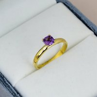 Bague en Améthyste Taille Coussin en Argent Sterling 925 Massif Plaqué Or, Bande Fine Classique pour Femme, Bague d'Anniversaire, Bijoux en Gros