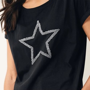 Women's Black Short Sleeve T-<b>Shirt</b> With Embroidered <b>Star</b> Design Scoop Neck Loose Fit Casual Jersey Fabric All Seasons - Product Image 3