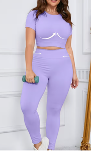 Women's Sporty Seamless Yoga Set High Waist Leggings & Short Sleeve Sports Crop <b>Top</b> Breathable Activewear 2-Piece Workout Outfit - Product Image 3
