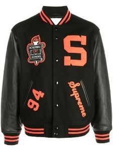Veste universitaire noire avec logo S orange et patch 94, streetwear pour homme, manches en cuir - Product Image 2