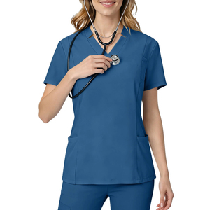 Women Navy Blue V-Neck <b>Scrub</b> <b>Top</b> Short Sleeve Hospital Uniform <b>Scrubs</b> Polyester Cotton Woven Fabric - Product Image 4