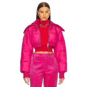 Pink Quilted Puffer Jacket Women Crop Top Stand Collar Zipper Closure Full Sleeve <b>Winter</b> <b>Coat</b> Solid Color <b>Thick</b> Woven Fabric - Product Image 1