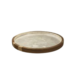 Plateau de service rond en bois de manguier et nacre, fait main, moderne, décoratif, pour table basse, décoration intérieure - Product Image 1