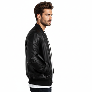 Blouson aviateur en cuir de vachette noir pour homme, style moto, fermeture éclair, col rabattu, couleur unie, vêtement d'automne - Product Image 5