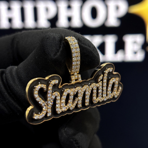 <b>Custom</b> Black Enamel Script <b>Name</b> Pendant 925 Sterling Silver VVS Moissanite Iced Hip Hop <b>Necklace</b> Yellow Gold Personalized 3D - Product Image 3