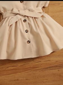 Toddler Girls Beige Button-Front Shirt Dress with <b>Waist</b> Bow & <b>Chain</b> Detail - Product Image 5