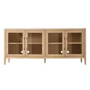 Contemporary Solid Teak Wood <b>Sideboard</b> Cabinet Glass Doors Large Display <b>Storage</b> Cable Hole and Durable Construction - Product Image 3