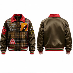 Chaqueta Varsity a Cuadros Marrón para Hombre con Logotipo Bordado y Diseños de Parches, Cuello Camisero, Estilo Casual, Material de Poliéster y Algodón - Product Image 1