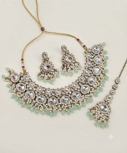 Handcrafted <b>Pearl</b> And Crystal Beaded Fringe Collar Necklace <b>Set</b> Tika & Earrings Antique Gold Plated Fashion <b>Jewellery</b> Wholesaler - Product Image 1
