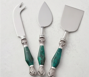 Stainless Steel <b>Cheese</b> <b>Knife</b> <b>Set</b> With Green Marble Handles And Ornate Silver Accents For Serving Use And Cutting Use - Product Image 4