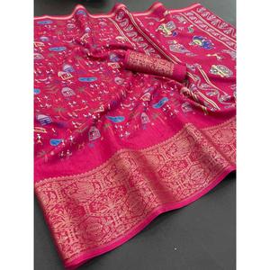 Sari traditionnel en soie Dola, imprimé Kalamkari, travail de tissage, non cousu, avec un chemisier rose - Product Image 1