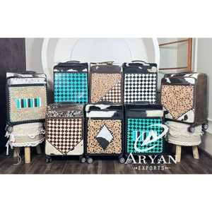 Top Selling Handcrafted Genuine Cowhide Leather Floral Checkered Travel Suitcase Western Style Luggage Bag with Spinner Wheel - Product Image 1