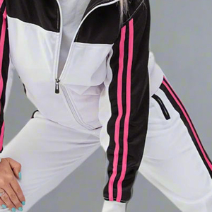 Ensemble de survêtement blanc pour femme, le plus vendu, à manches longues, rayé, style sportif, pour l'automne, décontracté, avec poches latérales, fermeture éclair, coupe classique - Product Image 5