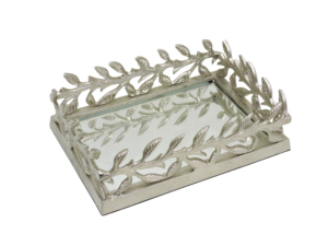 Plateau décoratif en métal à motif feuille d'argent, fait main, style vintage, avec insert miroir pour la décoration intérieure - Product Image 3