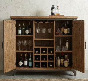 Meuble bar en bois de manguier massif, style industriel, artisanal, écologique, avec 5+ compartiments, étagères de rangement et présentoir à vin - Product Image 3