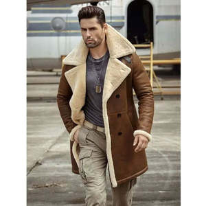 Men's Brown Suede <b>Leather</b> Jacket <b>With</b> Faux <b>Fur</b> Lining Turn-down Collar Windproof Winter <b>Coat</b> Regular Fit Casual Style - Product Image 2