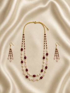 Conjunto de Collar de Perlas de Agua Dulce y Granate con Cadena Chapada en Oro de 14K y Pendientes Colgantes a Juego, Regalo para Fiesta - Product Image 3