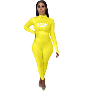 Mono amarillo de manga larga con cuello alto para mujer, cintura alta, ajuste ceñido, estampado de poliéster y elastano, ropa de club, largo completo - Product Image 5