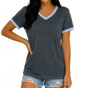 Women's Gray V-Neck Short Sleeve Fleece T-Shirt Pocket Casual Breathable Knitted <b>Top</b> Regular Fit Solid Color All Seasons Wear - Product Image 5