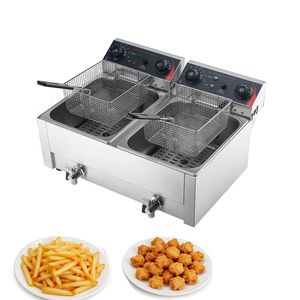 Friteuse électrique commerciale 8L à gaz double cuve 19 Qt 3500W en acier inoxydable de comptoir avec paniers et couvercles - Product Image 1