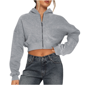 Women's <b>Cropped</b> <b>Hoodie</b> <b>Zip</b>-<b>Up</b> Sweatshirt Full Sleeve Solid Color Knitted Cotton Oversized Autumn Wear - Product Image 4