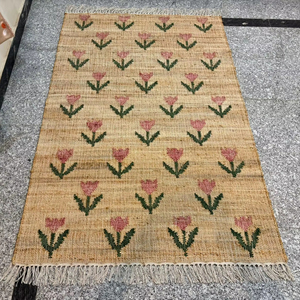 Handmade Jute Kilim <b>Rug</b> with Floral Pattern | Natural Fiber Low Pile Thin <b>Boho</b> Area <b>Rug</b> | Eco-Friendly Rustic Home Decor - Product Image 5