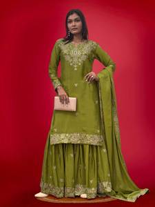 Women's <b>Green</b> <b>Silk</b> Traditional Indian/Pakistani Ethnic Kurti Sharara Suit Mirror Work Embroidery Quick Dry Fabric for Wedding - Product Image 1