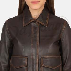 Women Brown Distressed Real <b>Leather</b> <b>Jacket</b> Shirt Collar Slim Fit Premium Sheepskin Casual Winter Bomber Outerwear Fashion Coat - Product Image 6