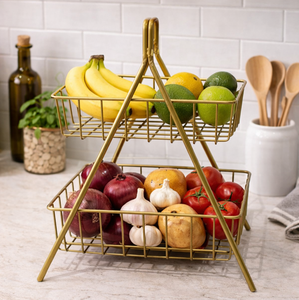 Support à fruits en métal à 2 niveaux, doré, pour comptoir, organisateur de rangement pour cuisine, garde-manger, maison - Product Image 1