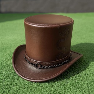 Handmade Brown Leather Top <b>Hat</b> Embossed Chain Band Steampunk Cosplay - Product Image 1