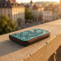Nuevo Bolso de Mano Tipo Clutch con Cierre de Cuero Genuino Color Verde Azulado, Patrón Geométrico, Estilo Bohemio, para Uso Diario de Mujeres, Verano