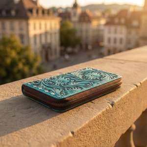 Cartera de Mano con Cierre, Estilo Occidental, Diseño Geométrico Grabado a Mano, 100% Cuero Genuino, Impermeable, Grande y Portátil, Oferta 2026 - Product Image 3