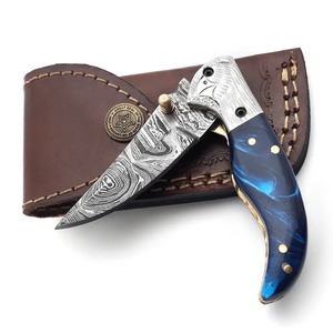 Couteau pliant en acier Damas, manche en résine bleu saphir, doublure en laiton, couteau de poche pour la chasse et le camping, fabricant - Product Image 1