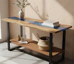 Mesa Consola de Epoxi Ocean Stream con Estante de Almacenamiento, Mueble de Entrada Rectangular Duradero de Madera con Borde Natural Hecho a Mano, Acento Moderno - Product Image 3