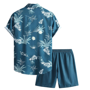 Men's Summer Floral Print Short Sleeve Shirt and Shorts <b>Set</b> Breathable Polyester Casual Wear Blue Patterned Two Piece Outfit - Product Image 3
