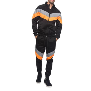Survêtement pour homme noir, orange et gris, avec blocs de couleur, fermeture éclair intégrale, poches latérales, respirant, coupe décontractée, pour l'automne - Product Image 3