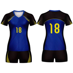 Ensemble d'uniformes de volley-ball pour femmes, bleu, noir, jaune, sublimé, dernier design 2025, 100% polyester - Product Image 1