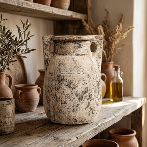 Forte Cream Rustic Terracotta Clay Handled Urn <b>Vase</b> Handcrafted Earthenware Jar Decorative <b>Ceramic</b> Tabletop Vessel Wholesale - Product Image 4